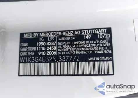 2022 Mercedes-Benz A 220 from USA, damaged, VIN W1K3G4EB2NJ337772